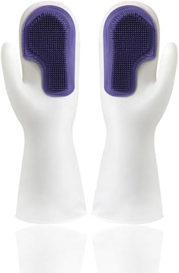 Dishwashing Gloves, Silicone Scrubber Cleaning Gloves with Built-In Bristles, Reusable Heat-Resistant Kitchen Gloves for Dishes, Pots, Bathroom and Car (Purple) - image 1