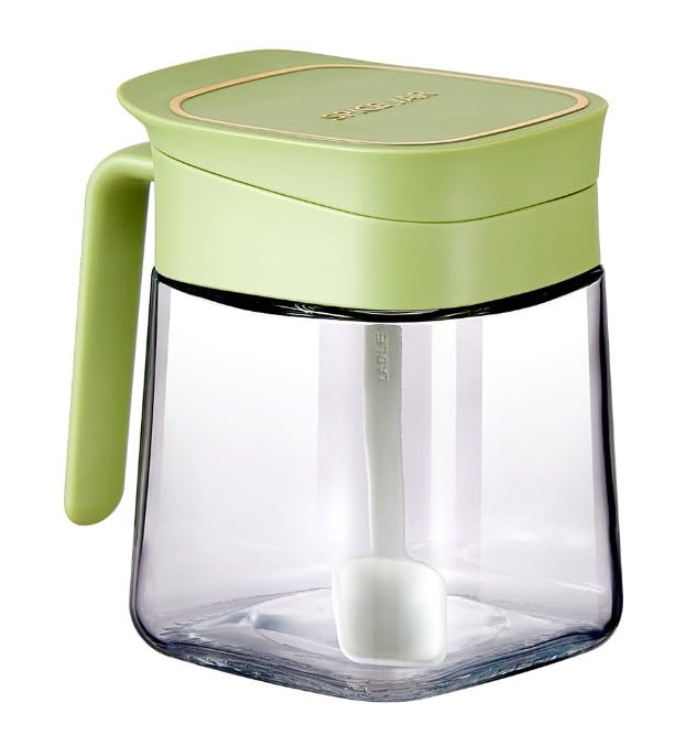 Spice Jar with Spoon 300ml, Airtight Glass Seasoning Container with Lid for Salt, Sugar, Herbs, Pepper and Kitchen Countertop Storage (Green) - image 1