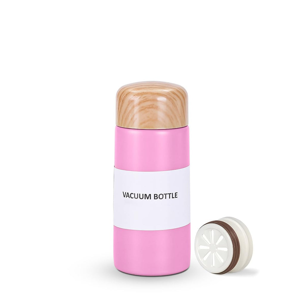 Mini Water Bottle 150ml Vacuum Insulated Slim Stainless Steel Wood Grain Pocket-Size Portable Hot Cold Pink - image 1