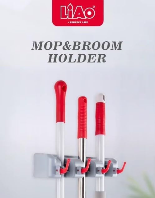 Mop & Broom Holder Wall Mounted Organizer With 4 Hooks and 3 Slots Plastic Cleaning Tools Rack Space Saving Storage For Kitchen Bathroom Household Tools - image 3