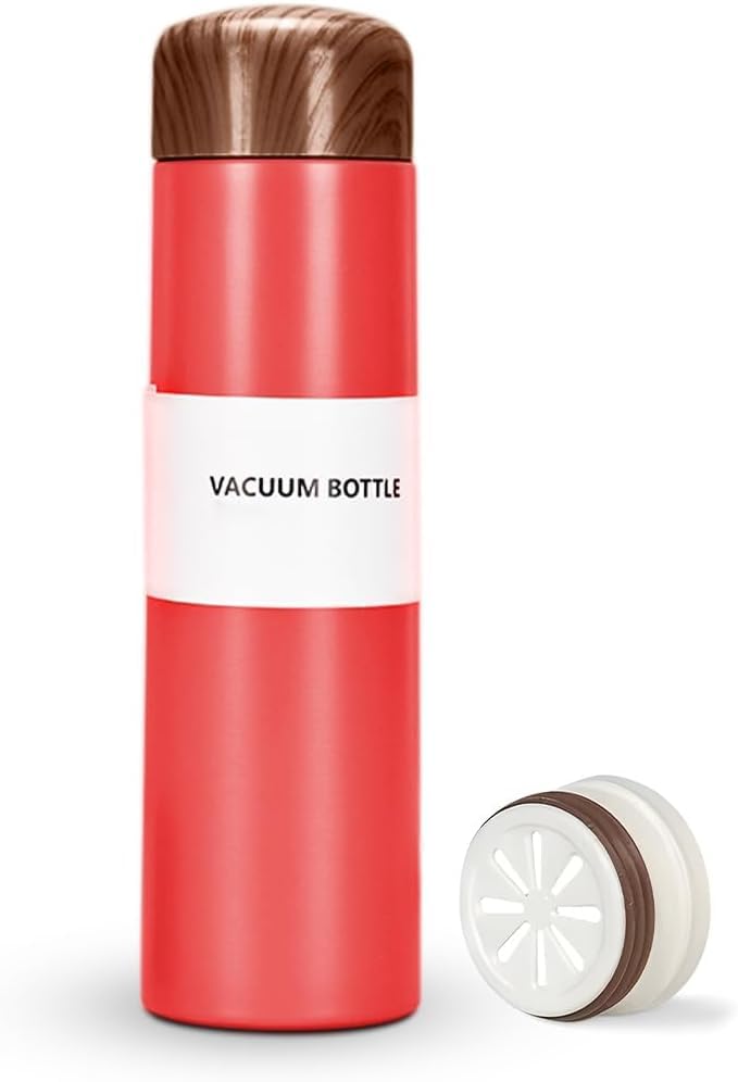 Water Bottle 250ml Stainless Steel Vacuum Insulated Slim Pocket Flask, Leak-Proof Wood Grain Travel Mug for Hot Cold Drinks Office Commute, Red - image 1