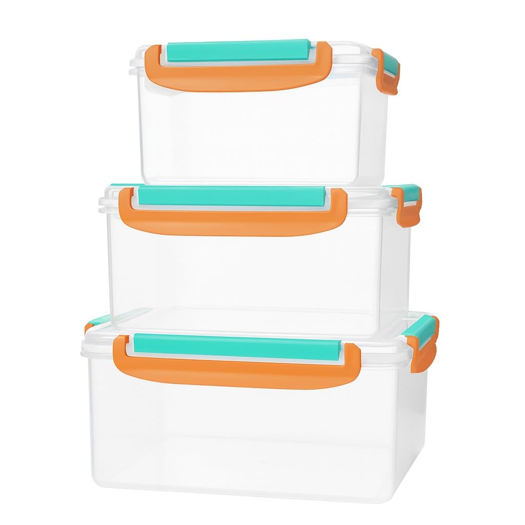 Food Storage Containers Set, 3 Pcs Refrigerator Crisper Box with Airtight Seal, Microwave and Dishwasher Safe, Leak Proof, Easy to Clean, Square Food Grade for Vegetables and Fruit (Orange) - image 1