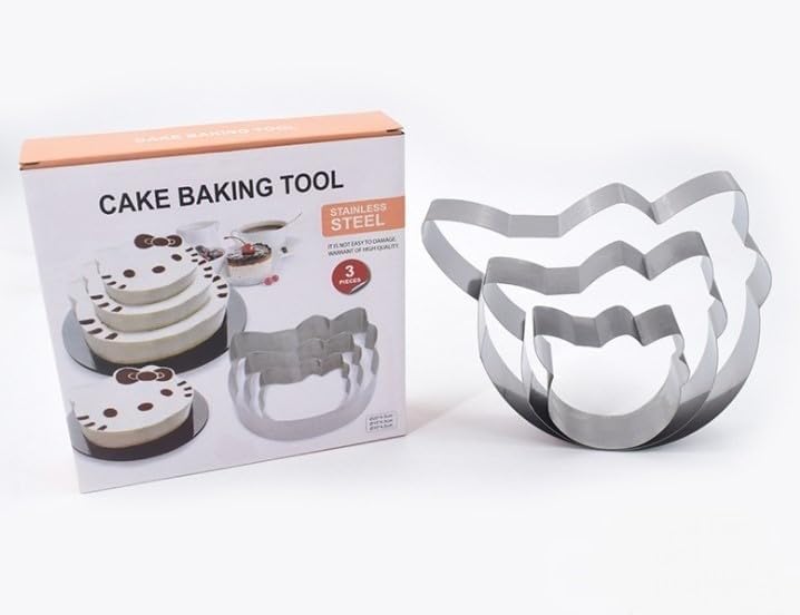 Cookie Cutter Set Stainless Steel Flower Shape 3 Pcs Cake Molds 20/15/10 cm Pastry Tools For Baking Desserts Birthday Anniversary (Silver, Cat) - image 1
