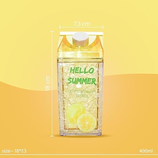 Water Bottle 400ml BPA-Free Leak-Proof with Double Straw and Lid Square Shape Cold Drink Bottle for School Outdoor Travel Home Yellow - image 2