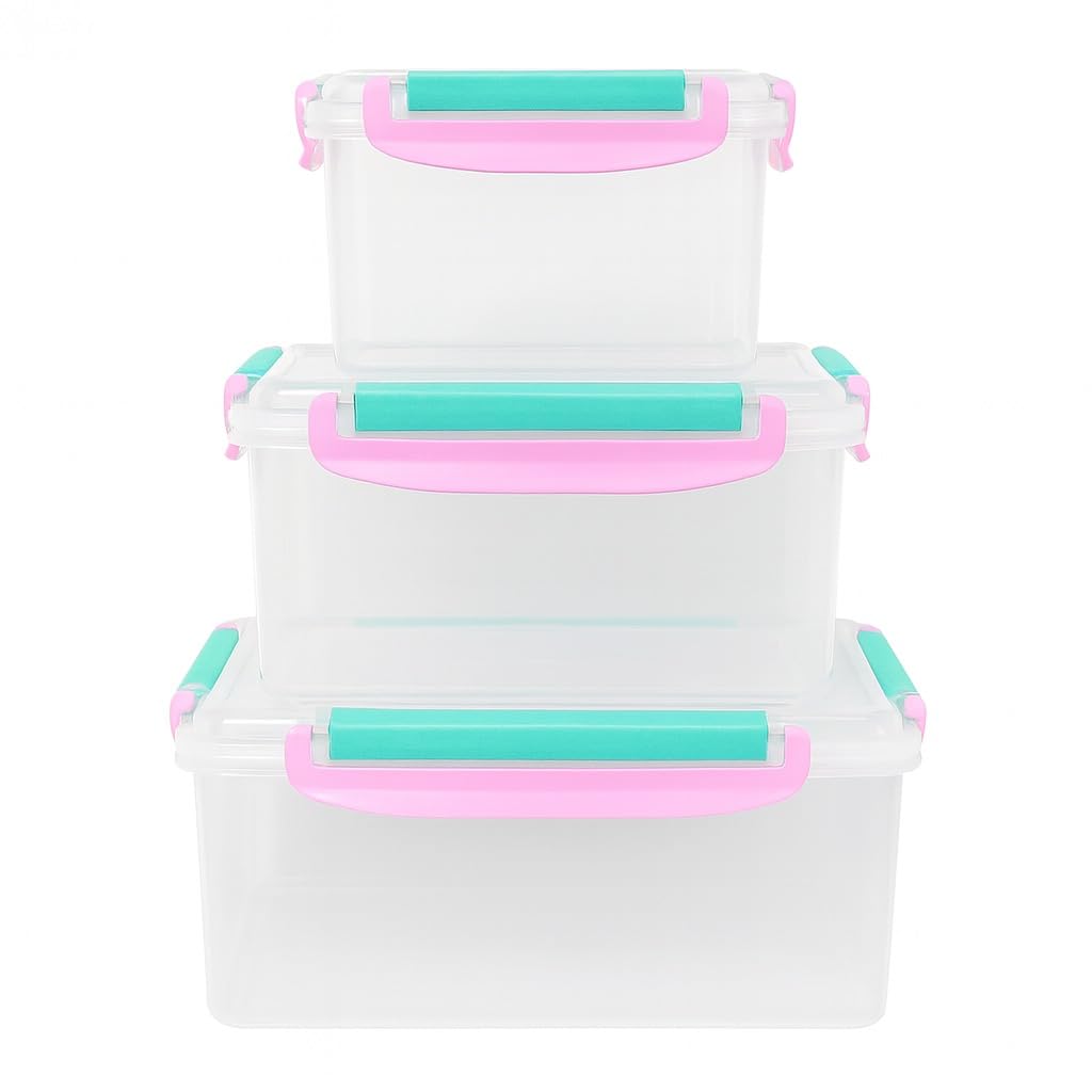 Food Storage Containers Set, 3 Pcs Refrigerator Crisper Box with Airtight Seal, Microwave and Dishwasher Safe, Leak Proof, Easy to Clean, Square Food Grade for Vegetables and Fruit (Pink) - image 1