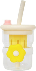 Glass Cup with Straw 500ml, Reusable Drinking Tumbler with Secure Lid, Built-In Strainer and Flower Design for Water, Juice and Milk, GG-2521 (Yellow) - image 1