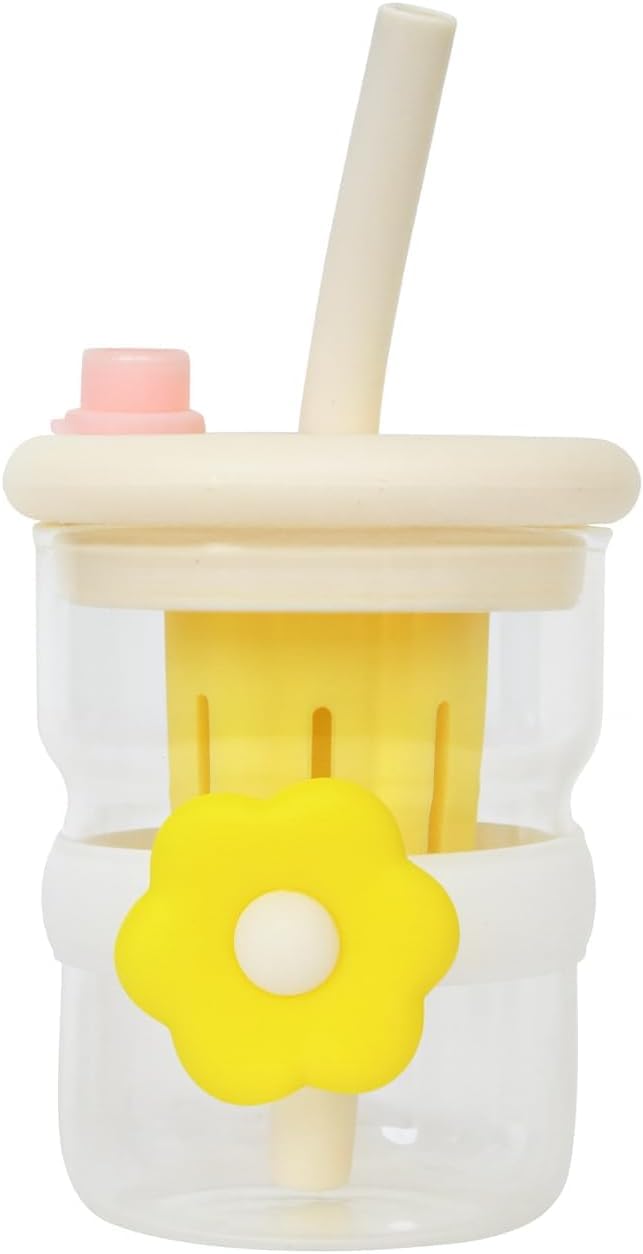 Glass Cup with Straw 500ml, Reusable Drinking Tumbler with Secure Lid, Built-In Strainer and Flower Design for Water, Juice and Milk, GG-2521 (Yellow) - image 1