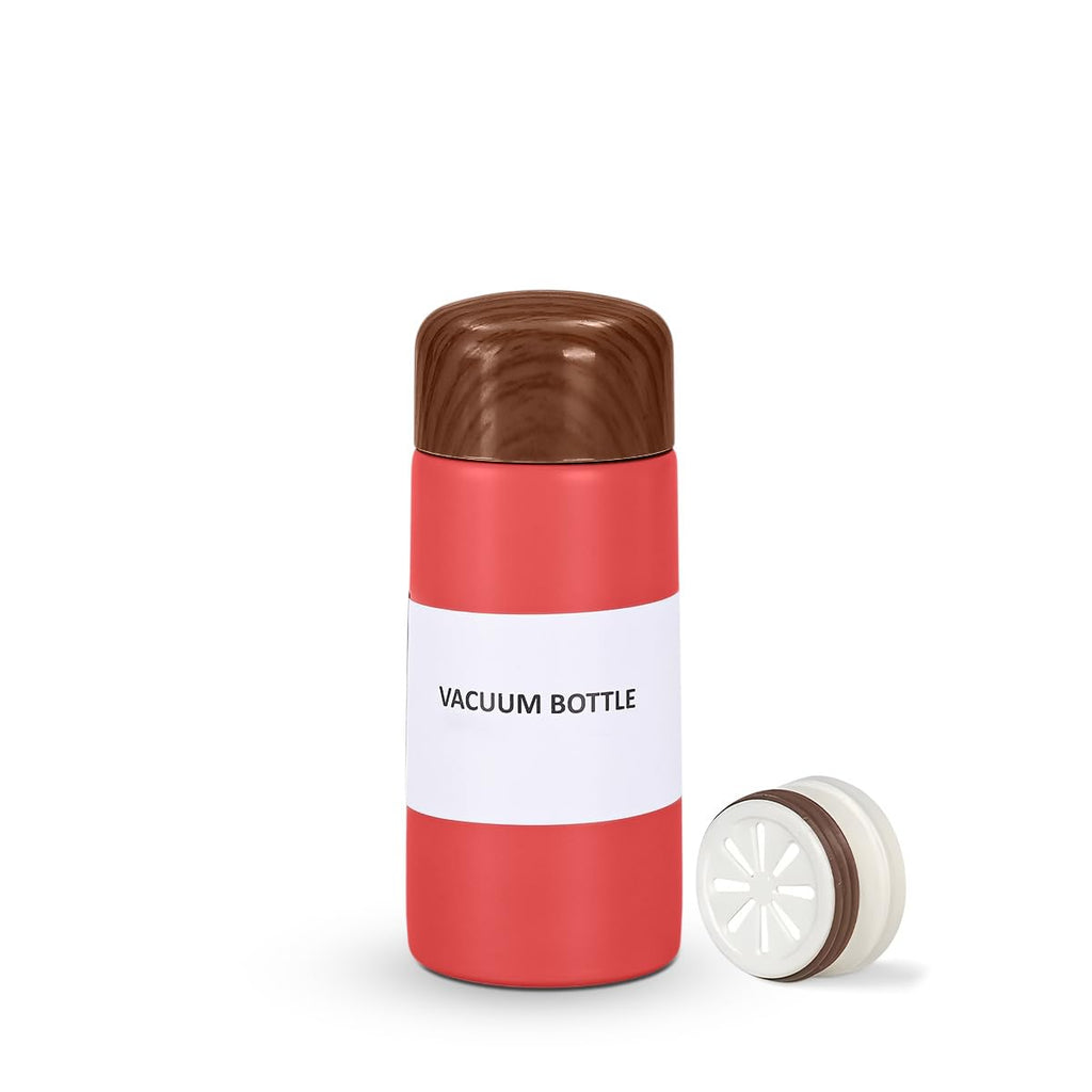 Mini Thermos Flask 150ml, Vacuum Insulated Stainless Steel Pocket Water Bottle with Slim Wood Grain Design for Coffee, Tea, Work, Travel and Outdoor Use, Red - image 1