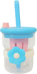 Water Bottle Glass with Straw 500ml - Cute Flower Strainer Cup Leak-Proof Bpa Free for Juice Milk Tea Indoor Outdoor, GG-2521 (Blue) - image 1