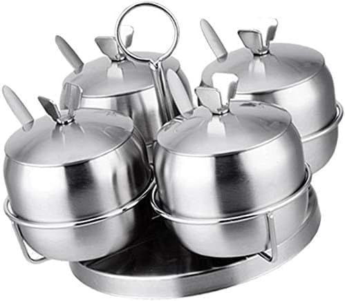 Spice Jar Set 4 Pieces with Holder and Spoons, Round Stainless Steel Kitchen Containers for Sugar, Salt, Pepper, Tea and Seasonings, Dishwasher Safe, Silver - image 1