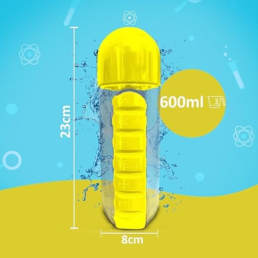 Water Bottle 600ml with Pill Organizer, Leakproof BPA-Free Sports Flask with Built-In Daily Compartments for Gym, Travel, Office and Outdoor Use (Yellow) - image 3