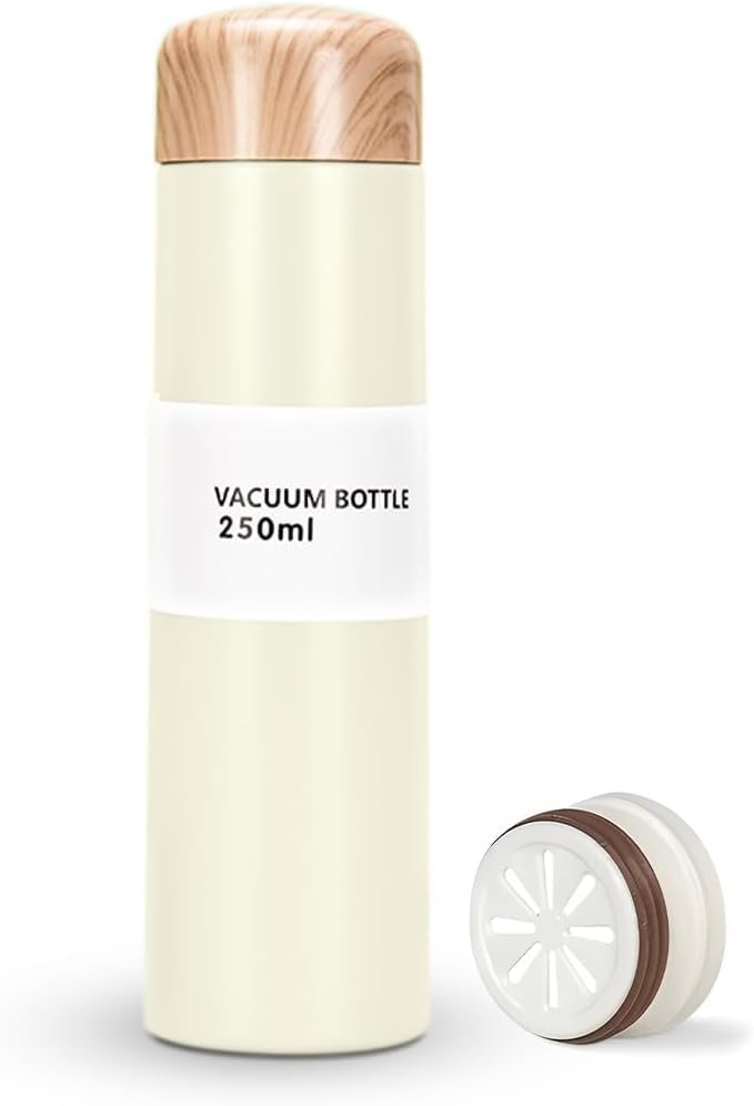 Water Bottle 250ml, Vacuum Insulated Stainless Steel Flask with Slim Pocket Design and Wood-Grain Finish, Leak-Resistant Travel Cup for Work, Commute and Outdoor Use (Creamy White) - image 1