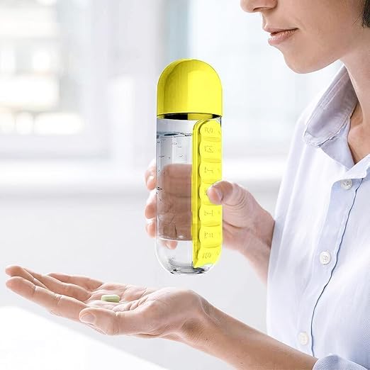 Water Bottle 600ml with Pill Organizer, Leakproof BPA-Free Sports Flask with Built-In Daily Compartments for Gym, Travel, Office and Outdoor Use (Yellow) - image 2