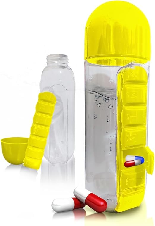 Water Bottle 600ml with Pill Organizer, Leakproof BPA-Free Sports Flask with Built-In Daily Compartments for Gym, Travel, Office and Outdoor Use (Yellow) - image 1