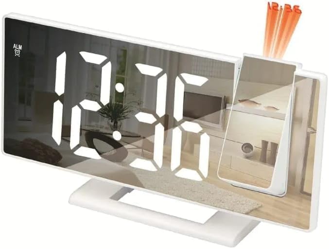 Projection Alarm Clock, Digital Clock with 180° Projector, Large LED Mirror Display, Time, Date, Temperature, 3 Brightness Levels and Snooze for Bedroom, Office and Home, White - image 1