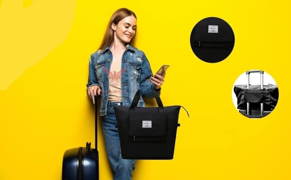 Travel Bag for Women Large Capacity Waterproof Foldable, Sports Gym Duffle with Side Pocket, Lightweight Carry-On Shoulder Bag (Black) - image 7