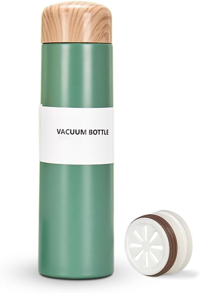 Water Bottle 250 ml, Vacuum Insulated Slim Stainless Steel Travel Mug with Leakproof Lid, Pocket Thermos for Coffee, Tea, Hot and Cold Drinks, Wood Grain Design (Light Green) - image 1