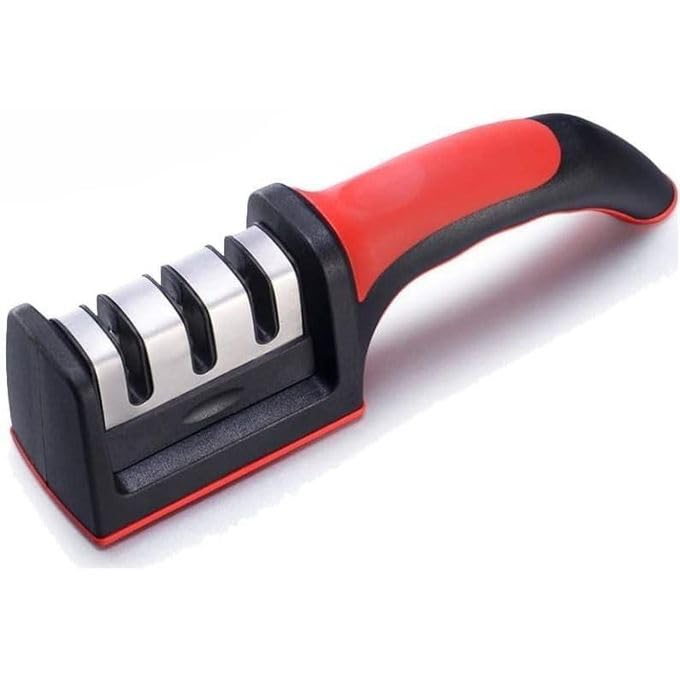 Knife Sharpener 3-in-1, Manual Stainless Steel Sharpening Tool for Kitchen Knives and Scissors with Non-Slip Base and Ergonomic Handle for Home Use, H-145 - image 1