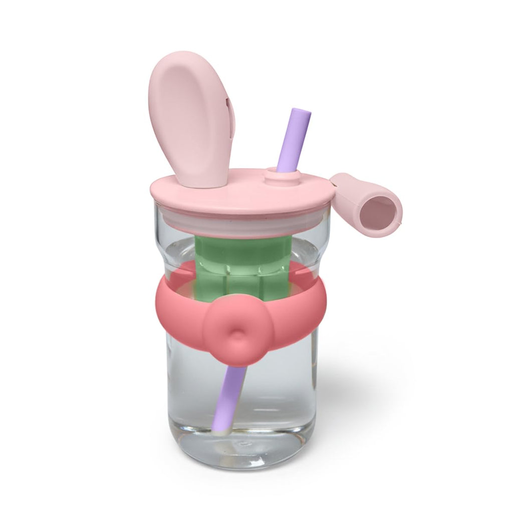 Glass Water Bottle 600ml with Straw and Handle, Leak-Resistant BPA-Free Strainer Cup for Water, Juice, Milk and Tea, Reusable Indoor and Outdoor Bottle, GG-2519, Pink & Green - image 1
