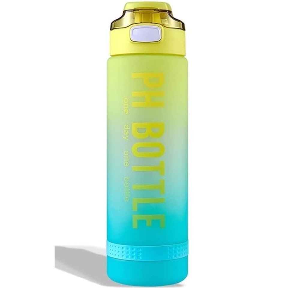 Water Bottle 1L with Time Marker and Handle, Leakproof BPA-Free Reusable Sports Bottle for Gym, Travel, Office, School and Outdoor Fitness (Yellow & Blue) - image 1