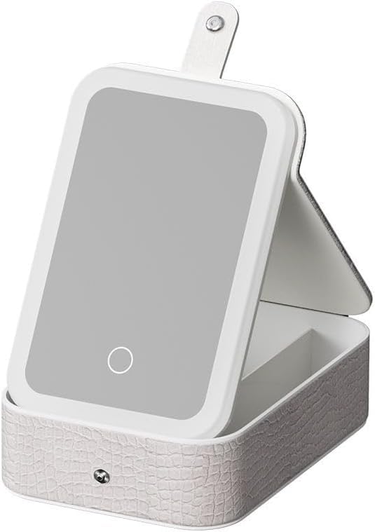 Makeup Mirror with Lights and Organizer Box, Rechargeable LED Vanity Mirror with 3 Colour Settings, Portable Tabletop Cosmetic Storage for Home, Desk and Travel (White) - image 1