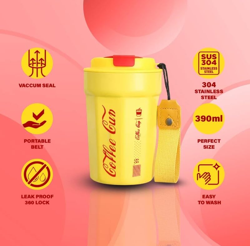 Travel Mug 380 ml, 304 Stainless Steel Vacuum Insulated Coffee Cup with Leak-Proof Lid, Reusable Tumbler for Hot and Cold Drinks, Office, Car, Travel and Outdoor, Yellow - image 2