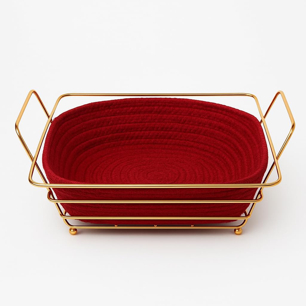 Bread Basket Metal Gold Wire Serving Basket with Removable Fabric Liner, Kitchen Countertop Organizer for Bread Fruit Vegetables Snacks (Red) - image 1