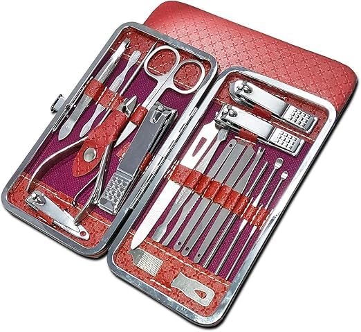 Manicure Set, Stainless Steel Nail Care and Grooming Kit with Portable Travel Case for Fingernails, Toenails, Eyebrows, Ear and Nose Care, Men and Women, Red and Silver - image 1