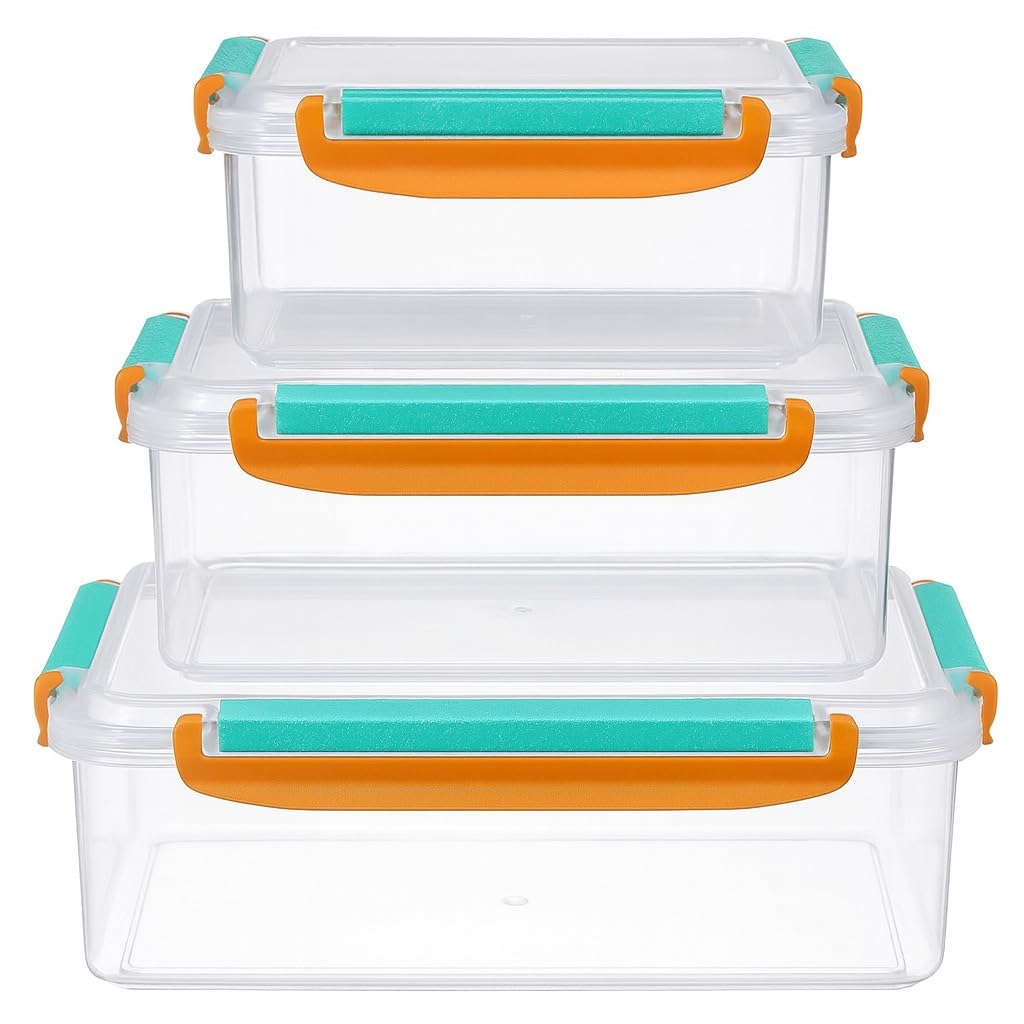 Food Storage Container Set, 3 Pcs Refrigerator Crisper Box with Airtight Seal, Triangle Fridge Organizer for Vegetables and Fruit, Microwave and Dishwasher Safe, Easy to Clean, Food Grade (Orange) - image 1