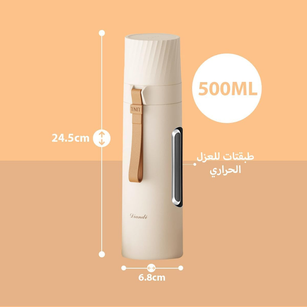 Water Bottle 500ml, Stainless Steel Vacuum Insulated Flask with Double Wall, Snap Cap, Drinking Cup and Carry Rope for Hot and Cold Drinks, Travel and Office (White) - image 5