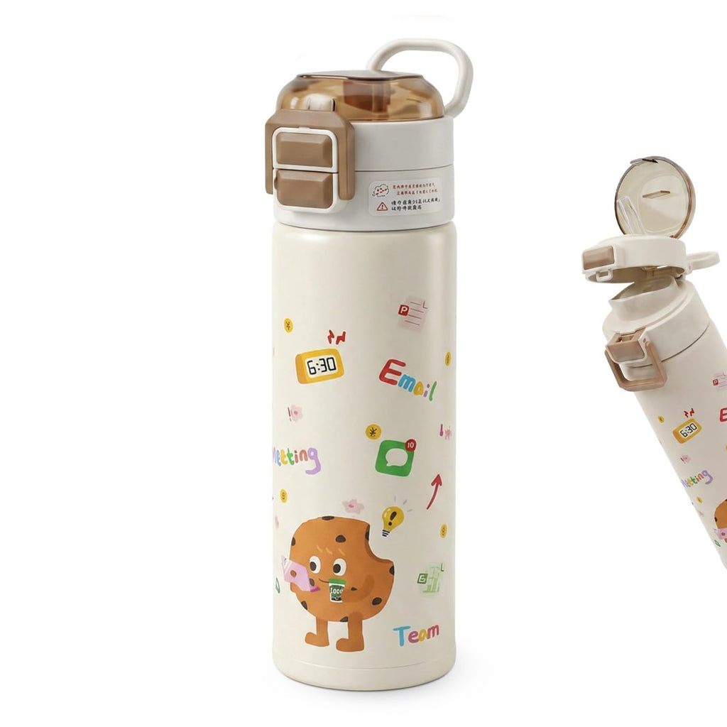 Water Bottle 500 ml, Vacuum Insulated Stainless Steel Flask with Straw Lid, Carry Handle and Leakproof Design for Hot and Cold Drinks, School, Travel and Picnic, F-1117 (Brown) - image 1