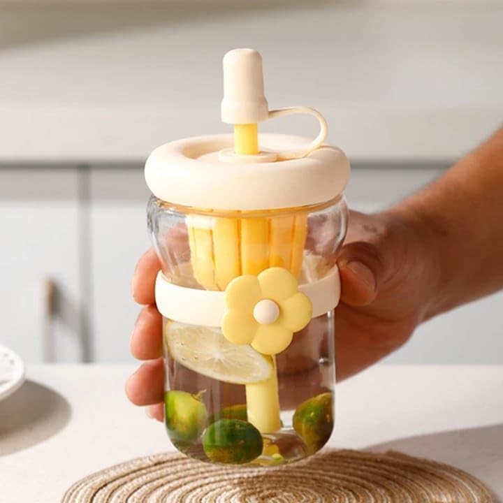 Glass Cup with Straw 500ml, Reusable Drinking Tumbler with Secure Lid, Built-In Strainer and Flower Design for Water, Juice and Milk, GG-2521 (Yellow) - image 5