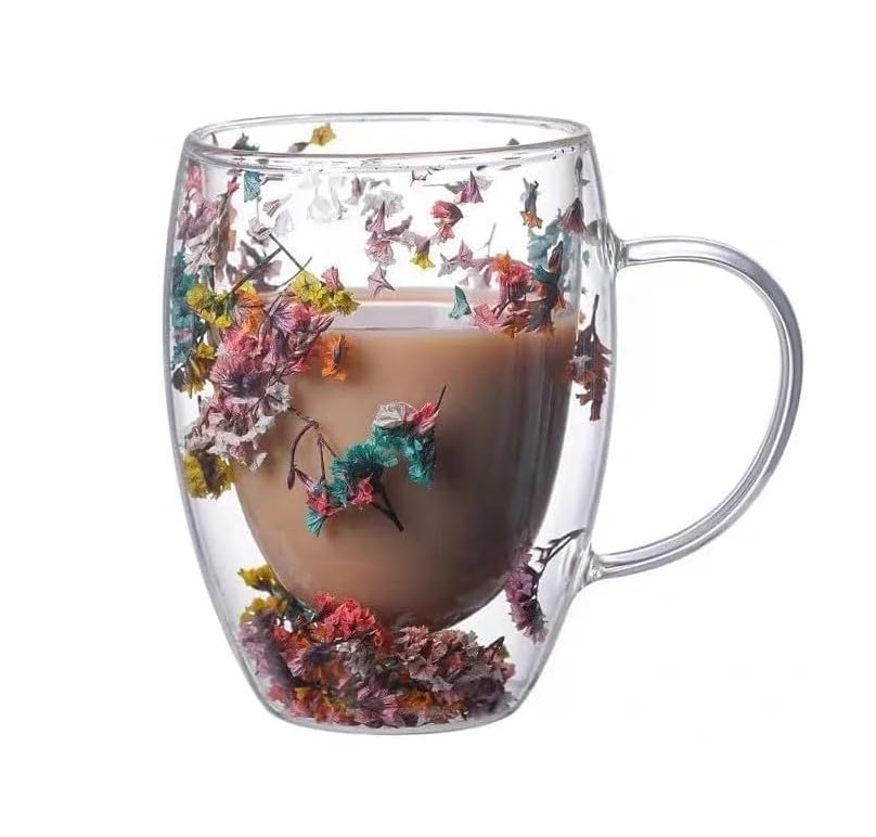Coffee Mug 350ml, Double Wall Borosilicate Glass Cup with Handle and Colorful Dried Flower Design for Cappuccino, Tea, Espresso, Juice, Hot and Cold Drinks, Clear - image 1