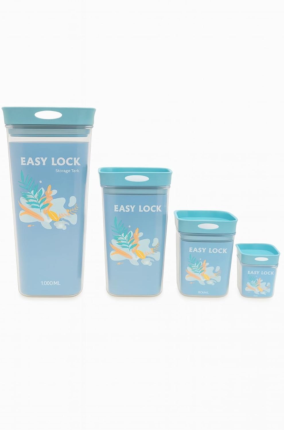 Airtight Food Storage Containers 4 Piece, Clear Stackable Acrylic Canister Set with 400ml, 600ml, 800ml and 1L Jars for Flour, Sugar, Pulses, Spices and Snacks, Blue - image 1