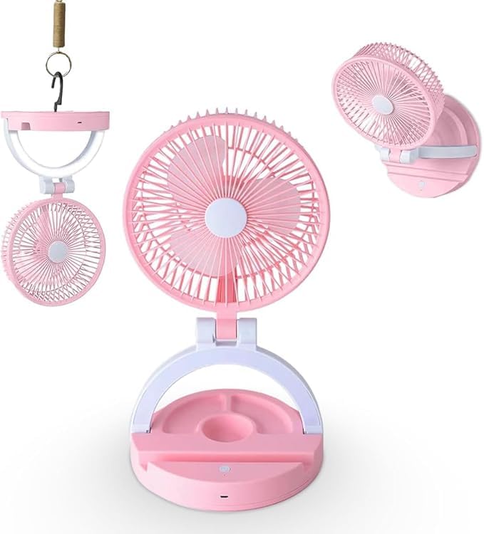 Portable Mini Fan with LED Light, Foldable USB Rechargeable Desk Fan with 3 Speed Settings, Quiet Personal Table Fan for Home, Office, Travel and Camping (Pink) - image 1