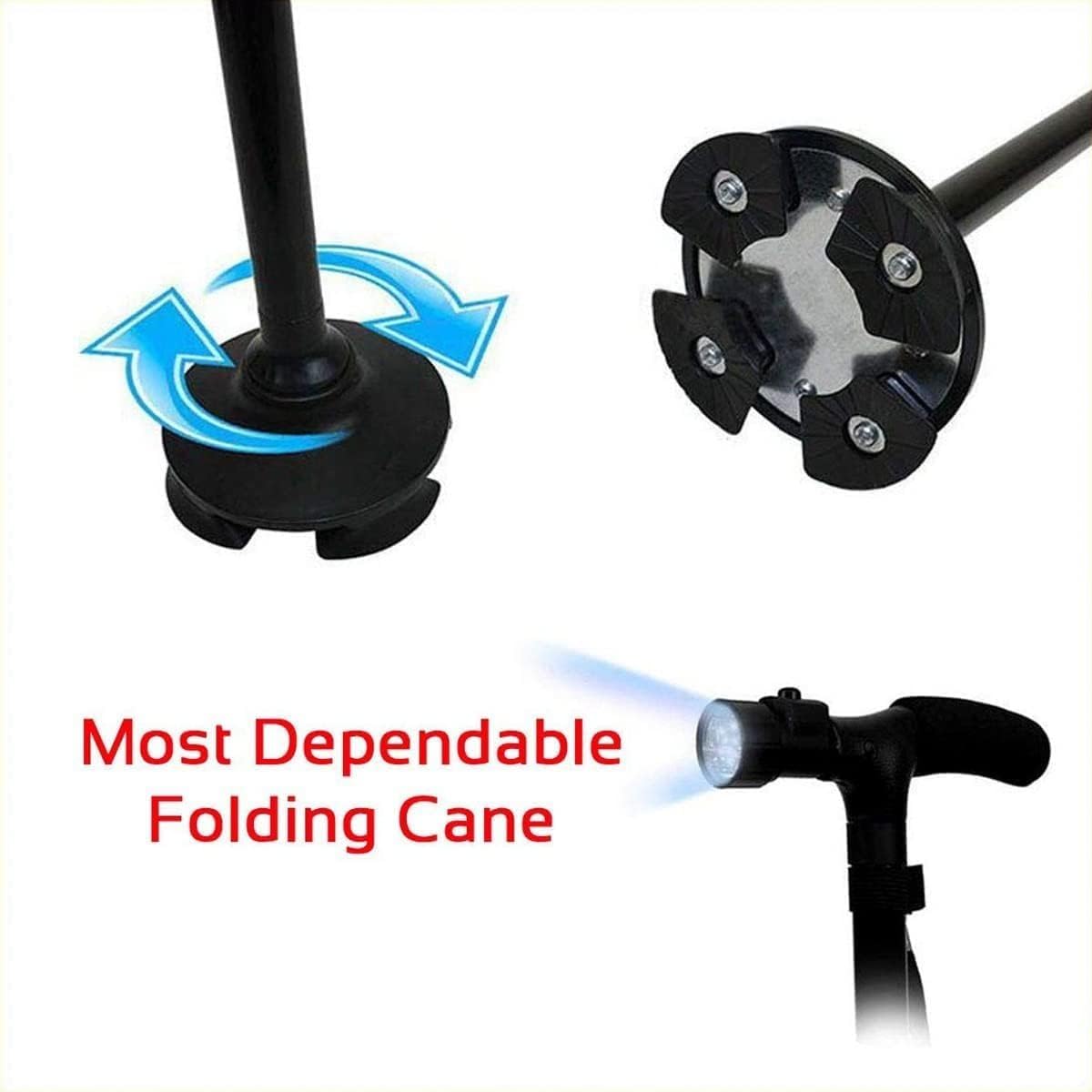 Walking Cane Adjustable Folding with LED Light, Quad Base Pivot, Ergonomic Rubber Handle, Portable Sturdy Support Stick for Seniors Men Women Hiking - image 3