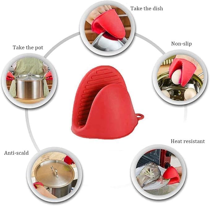 Mini Oven Gloves Silicone Heat Resistant Pinch Mitts 2 Pairs Kitchen Potholders For Cooking Baking Handling Hot Trays Pots Pans Non Slip Compact Design N65 (Red) - image 4