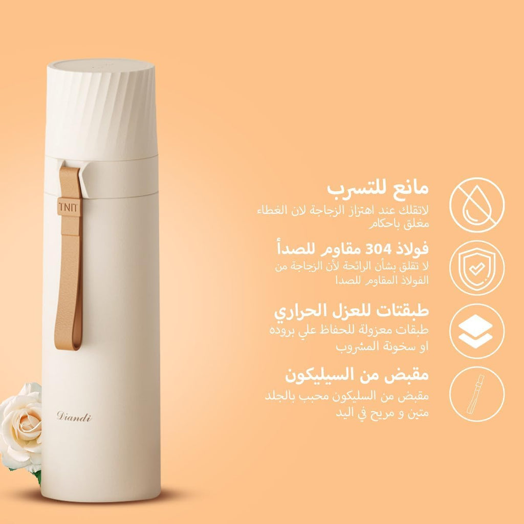 Water Bottle 500ml, Stainless Steel Vacuum Insulated Flask with Double Wall, Snap Cap, Drinking Cup and Carry Rope for Hot and Cold Drinks, Travel and Office (White) - image 2