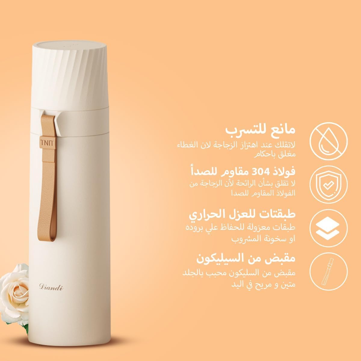 Water Bottle 500ml, Stainless Steel Vacuum Insulated Flask with Double Wall, Snap Cap, Drinking Cup and Carry Rope for Hot and Cold Drinks, Travel and Office (White) - image 2