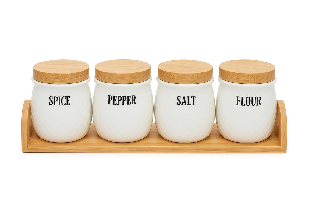 Food Storage Containers Set of 4, Ceramic Kitchen Canister Jars with Bamboo Lids for Tea, Coffee, Sugar, Spices and Dry Food, BPA-Free Countertop Organizer - image 1