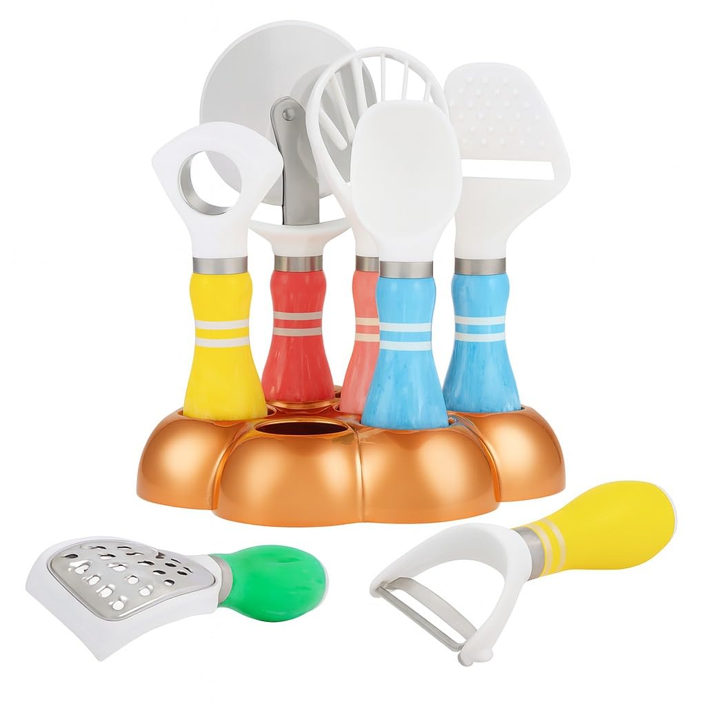 Kitchen Utensil Set with Holder, 8-Piece Stainless Steel Cooking Tools with Vegetable Peeler, Cheese Grater, Can Opener and Pizza Cutter, Space-Saving Kitchen Gadgets (Multicolour) - image 1