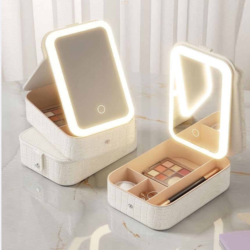 Makeup Mirror with Lights and Organizer Box, Rechargeable LED Vanity Mirror with 3 Colour Settings, Portable Tabletop Cosmetic Storage for Home, Desk and Travel (White) - image 7