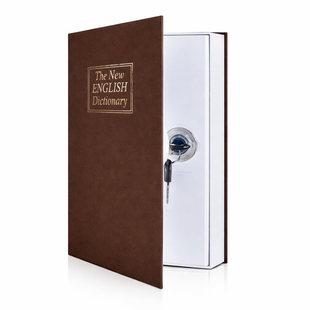 Book Safe with Lock and 2 Keys, Hidden Safe Lock Box, Metal Dictionary Diversion Safe for Cash, Jewelry, Passport and Valuables, 24 x 15.5 x 5.5 cm (Brown) - image 1