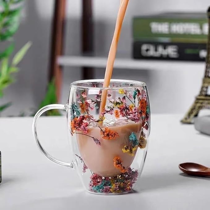 Coffee Mug 350ml, Double Wall Borosilicate Glass Cup with Handle and Dried Flower Decoration for Tea, Cappuccino, Espresso, Juice, Hot and Cold Drinks, Home and Office - image 5