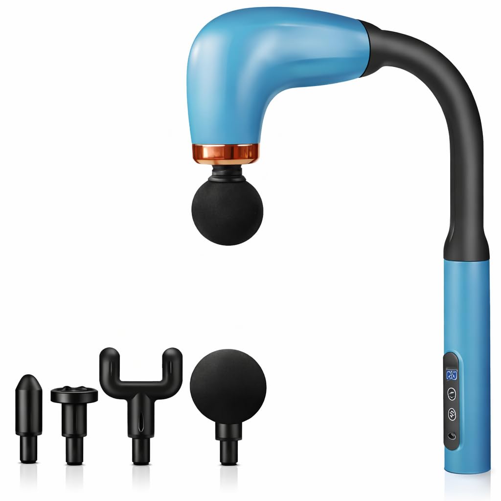 Massage Gun, Handheld Muscle Massager with 9 Modes, Low-Noise Vibration and 4 Interchangeable Heads for Body Massage, Portable, Blue - image 1