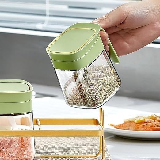 Glass Spice Jars with Spoon 300ml Airtight Seasoning Containers Kitchen Storage Jars for Sugar Salt Herbs Spices Premium Glass Seasoning Pot with Lid (Green) - image 3