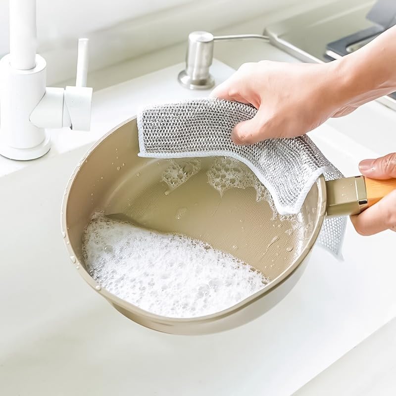 Stainless Steel Scrubber Sponge Set, 8-Piece Wire Scouring Pads with Long Removable Handle for Pots, Pans, Dishes and Kitchen Cleaning, Blue - image 6