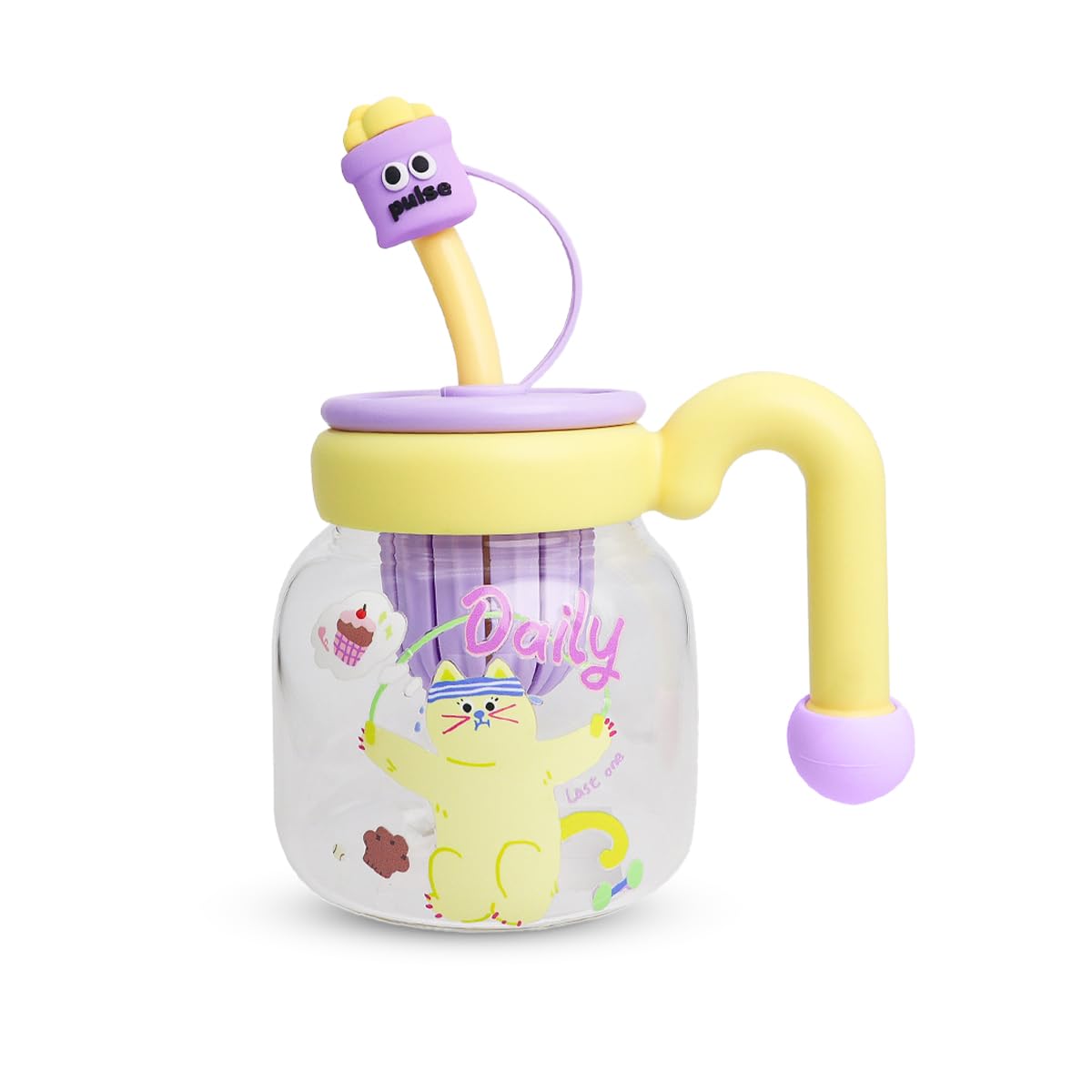 Glass Water Bottle with Straw & Handle, 860ml Strainer Cup, Leak-Proof Reusable Drink Bottle with Easy-Grip Lid for Juice Milk Tea, for Indoor and Outdoor Use, GG-2533 (yellow & purple) - image 1