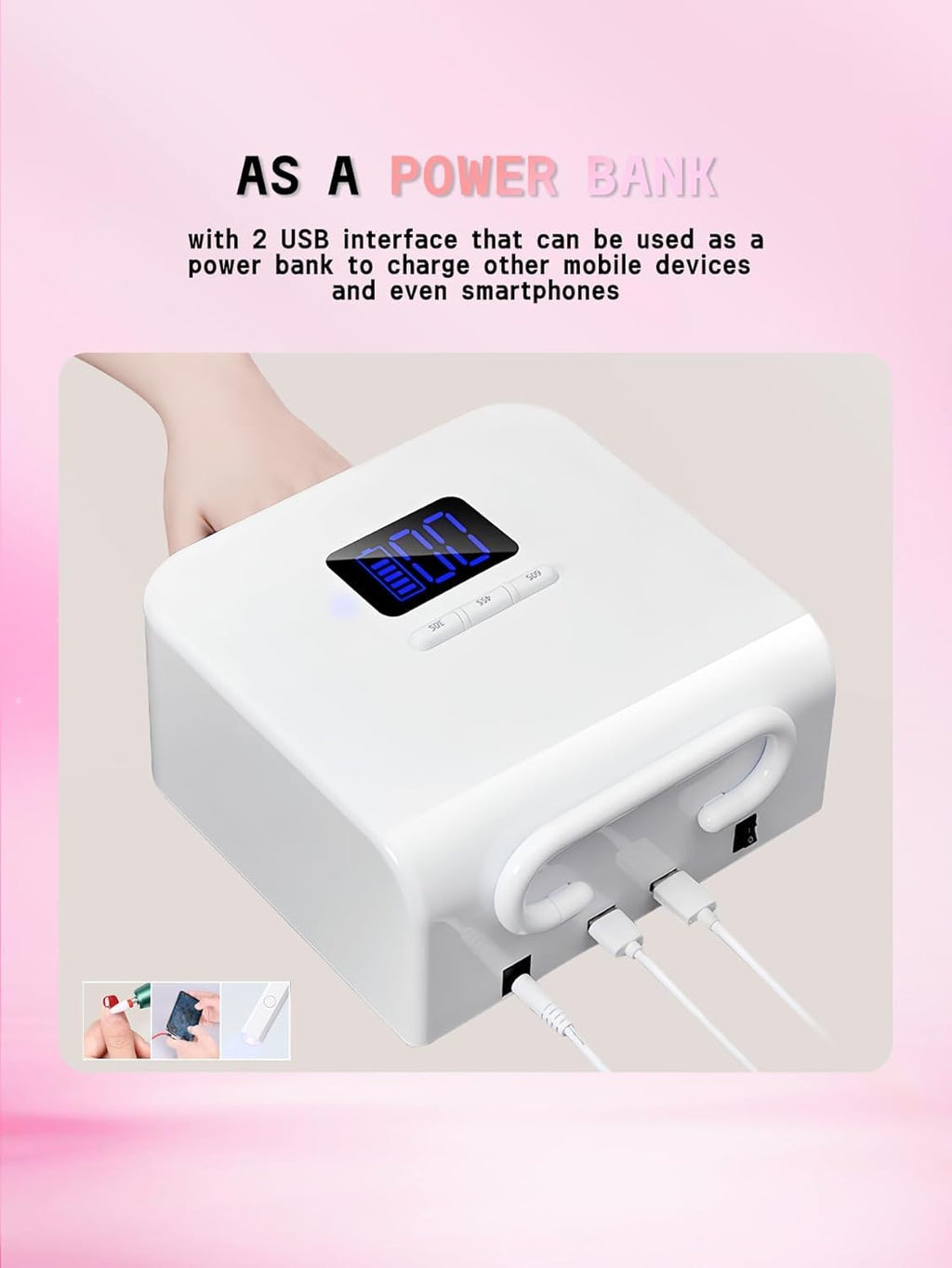 UV Nail Lamp 220W Cordless LED Dryer 48 LEDs Digital Display for Gel Polish Manicure Pedicure Rechargeable Portable Salon BY-10 White - image 7