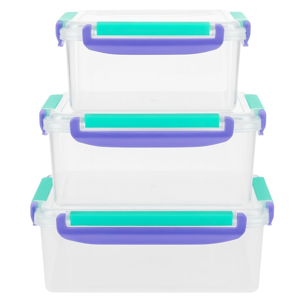 Food Storage Containers Set 3 Pcs, Triangle Refrigerator Crisper Boxes with Airtight Lids, Microwave and Dishwasher Safe, Food-Grade Plastic for Fruit and Vegetables (Purple) - image 1